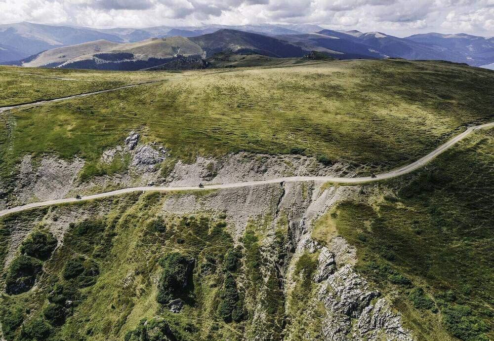 Aerial view of mountain trail along the Silk Road route