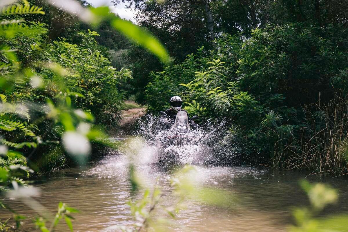Motorcycle river crossing through dense vegetation